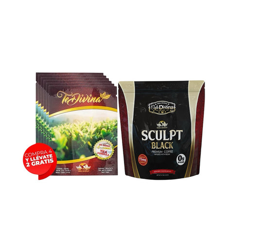 Té Divina and Sculpt Black coffee package for natural wellness, energy, and healthy lifestyle. Buy 4, get 2 free offer.